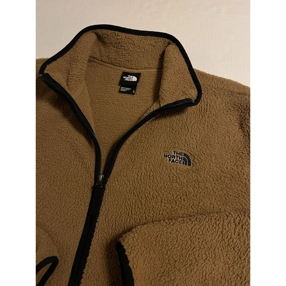 North Face Sherpa Fleece Jacket Full Zip Coat XL Pocket Tan Brown Hiking Outdoor